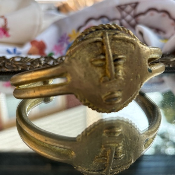 African Brass Cuff Bracelet Tribal Face Design – Handcrafted Statement Jewelry - Picture 2 of 11